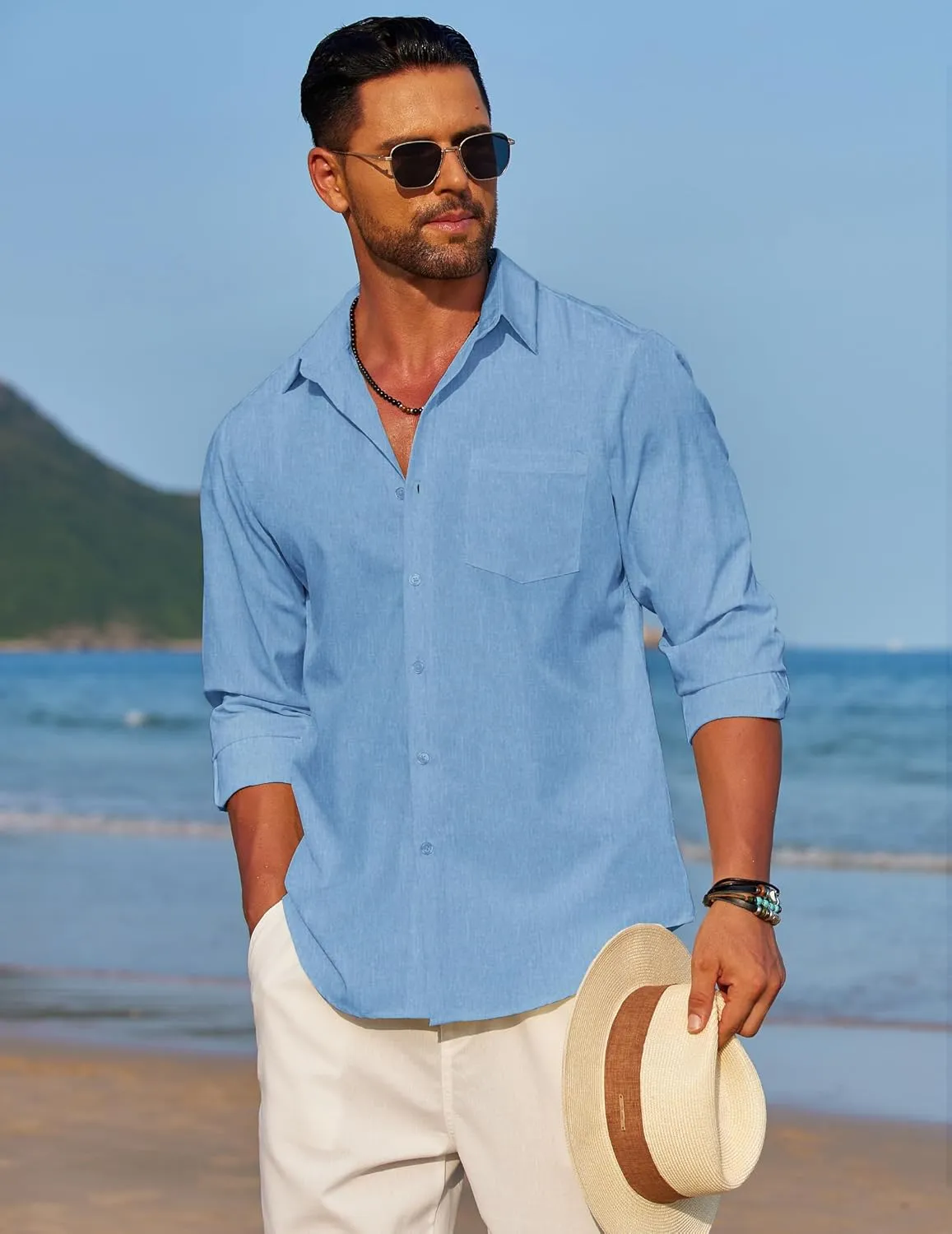 COOFANDY Men's Linen Long Sleeve Shirts Casual Button Down Untucked Shirt Vacation Wedding Shirts with Pocket
