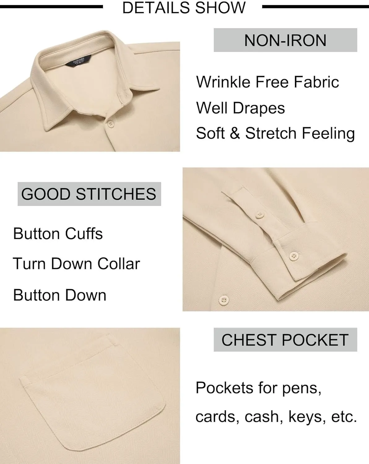 COOFANDY Mens Long Sleeve Button Down Shirts Wrinkle Free Untucked Shirts Casual Dress Shirt for Men
