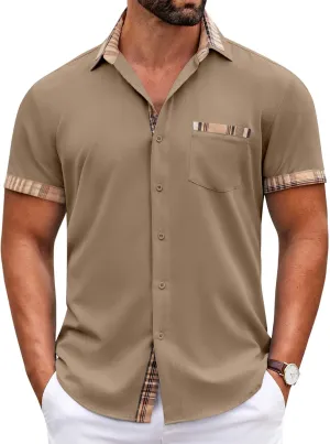 COOFANDY Mens Short Sleeve Dress Shirts Casual Wrinkle Free Shirt Plaid Collar Summer Button Down Shirts