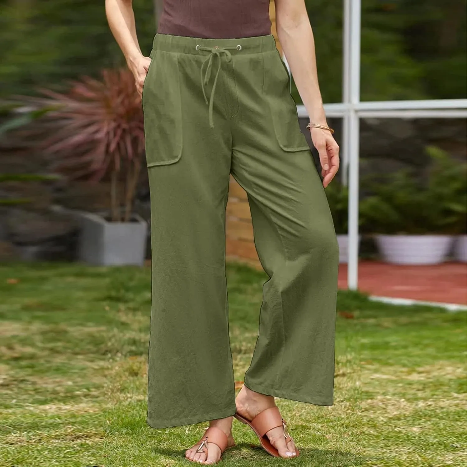 Cotton Linen Pants for Women Elastic Waist Straight Leg Beach Lounge Trousers 2024 Summer Drawstring Sweatpants with Pockets