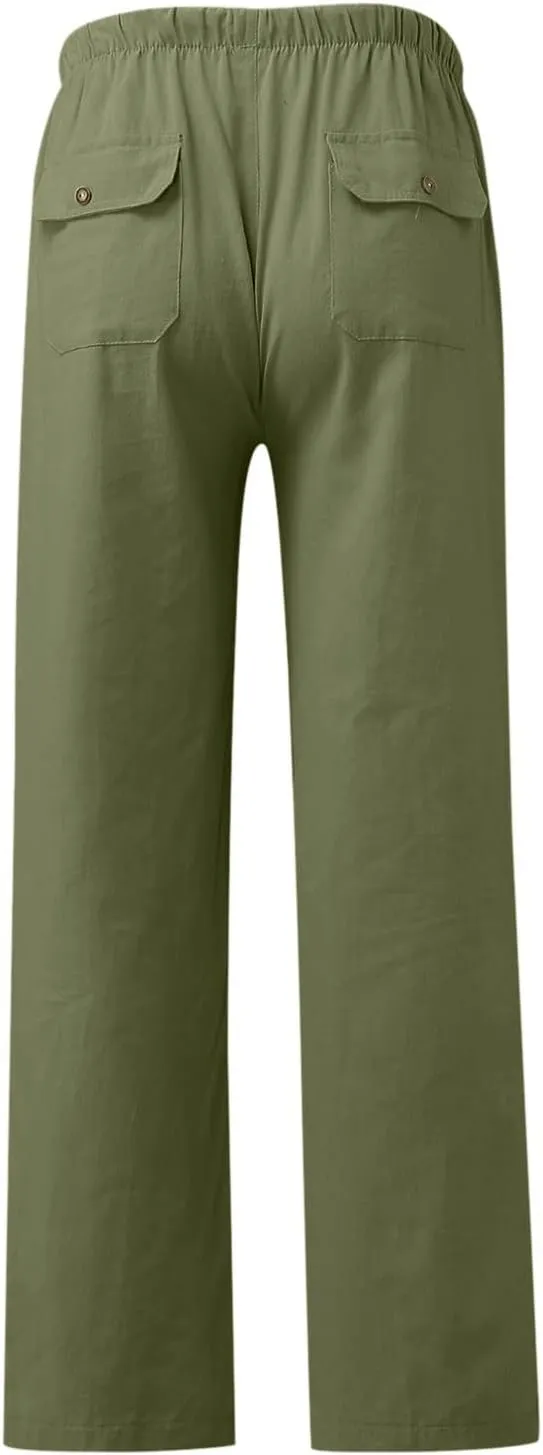 Cotton Linen Pants for Women Elastic Waist Straight Leg Beach Lounge Trousers 2024 Summer Drawstring Sweatpants with Pockets