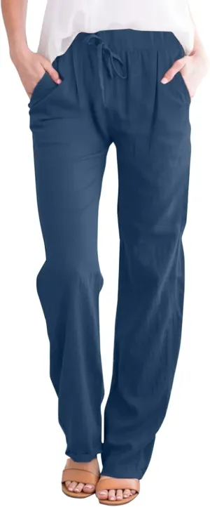 Cotton Linen Pants for Women Elastic Waist Straight Leg Beach Lounge Trousers 2024 Summer Drawstring Sweatpants with Pockets