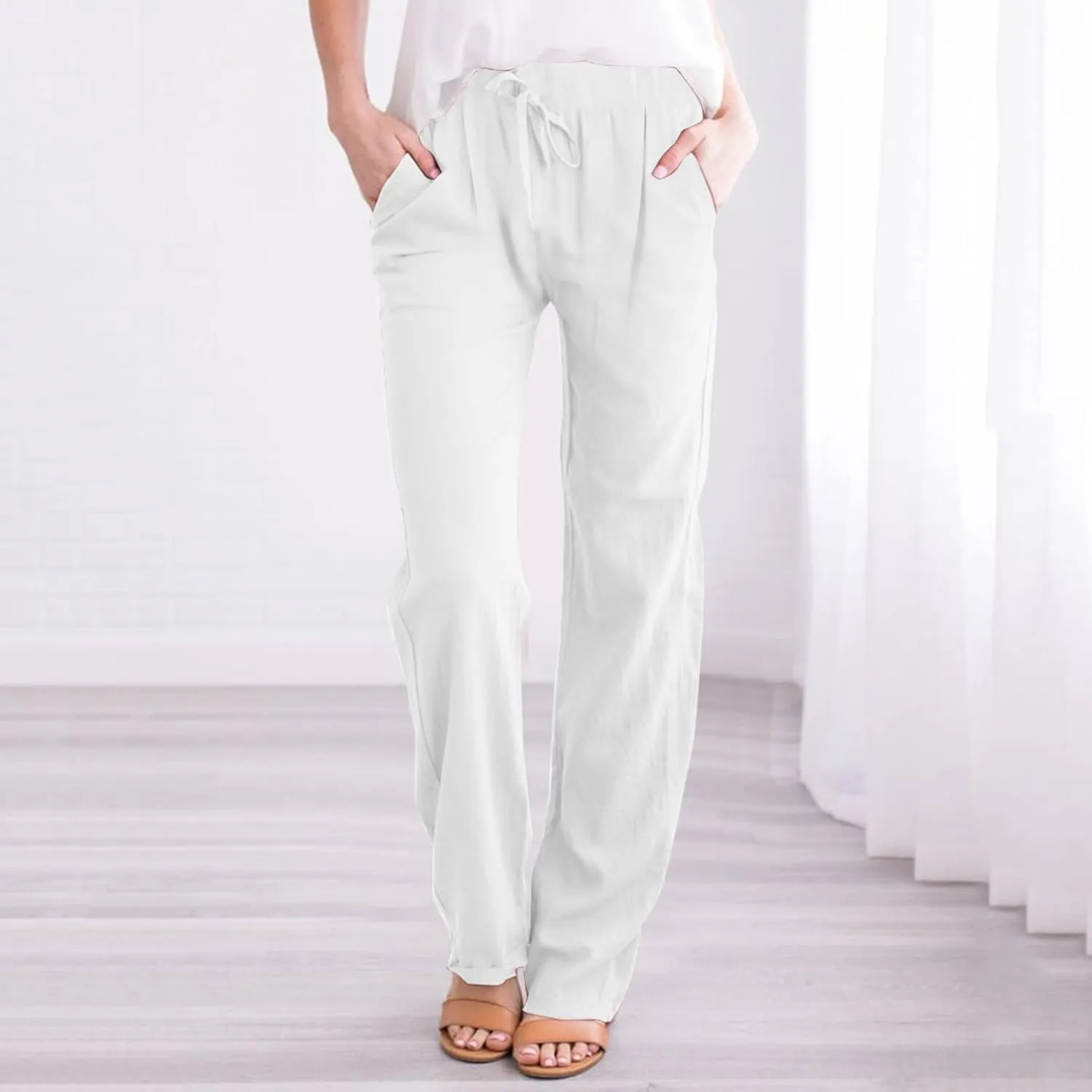Cotton Linen Pants for Women Elastic Waist Straight Leg Beach Lounge Trousers 2024 Summer Drawstring Sweatpants with Pockets