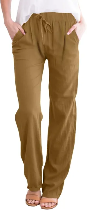 Cotton Linen Pants for Women Elastic Waist Straight Leg Beach Lounge Trousers 2024 Summer Drawstring Sweatpants with Pockets