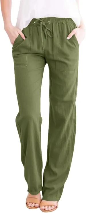 Cotton Linen Pants for Women Elastic Waist Straight Leg Beach Lounge Trousers 2024 Summer Drawstring Sweatpants with Pockets