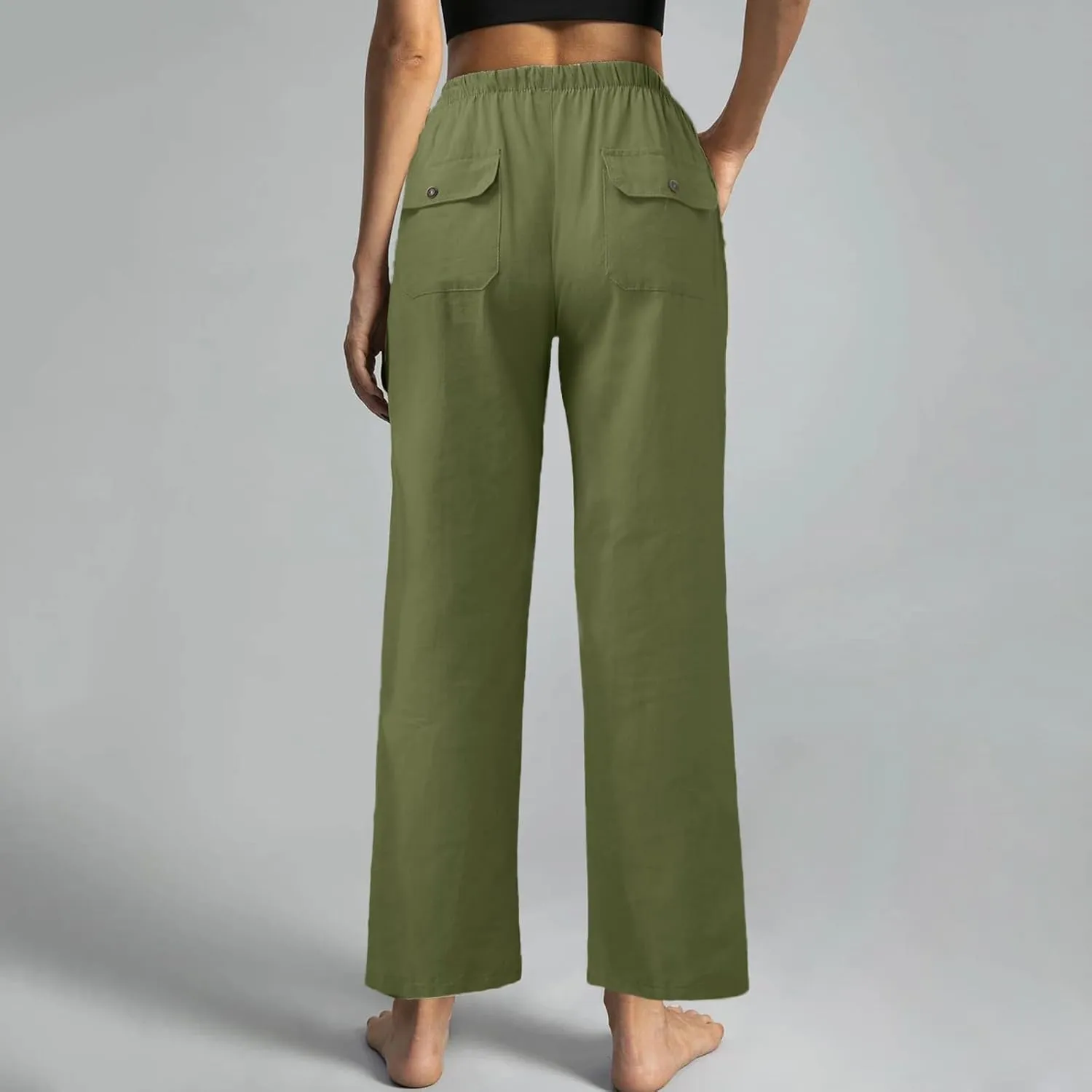 Cotton Linen Pants for Women Elastic Waist Straight Leg Beach Lounge Trousers 2024 Summer Drawstring Sweatpants with Pockets
