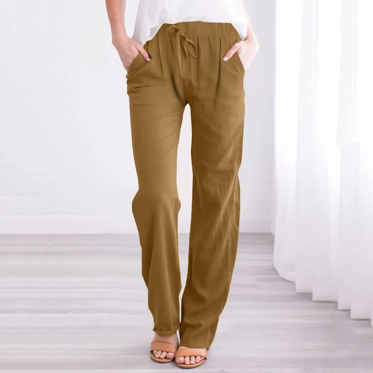 Cotton Linen Pants for Women Elastic Waist Straight Leg Beach Lounge Trousers 2024 Summer Drawstring Sweatpants with Pockets