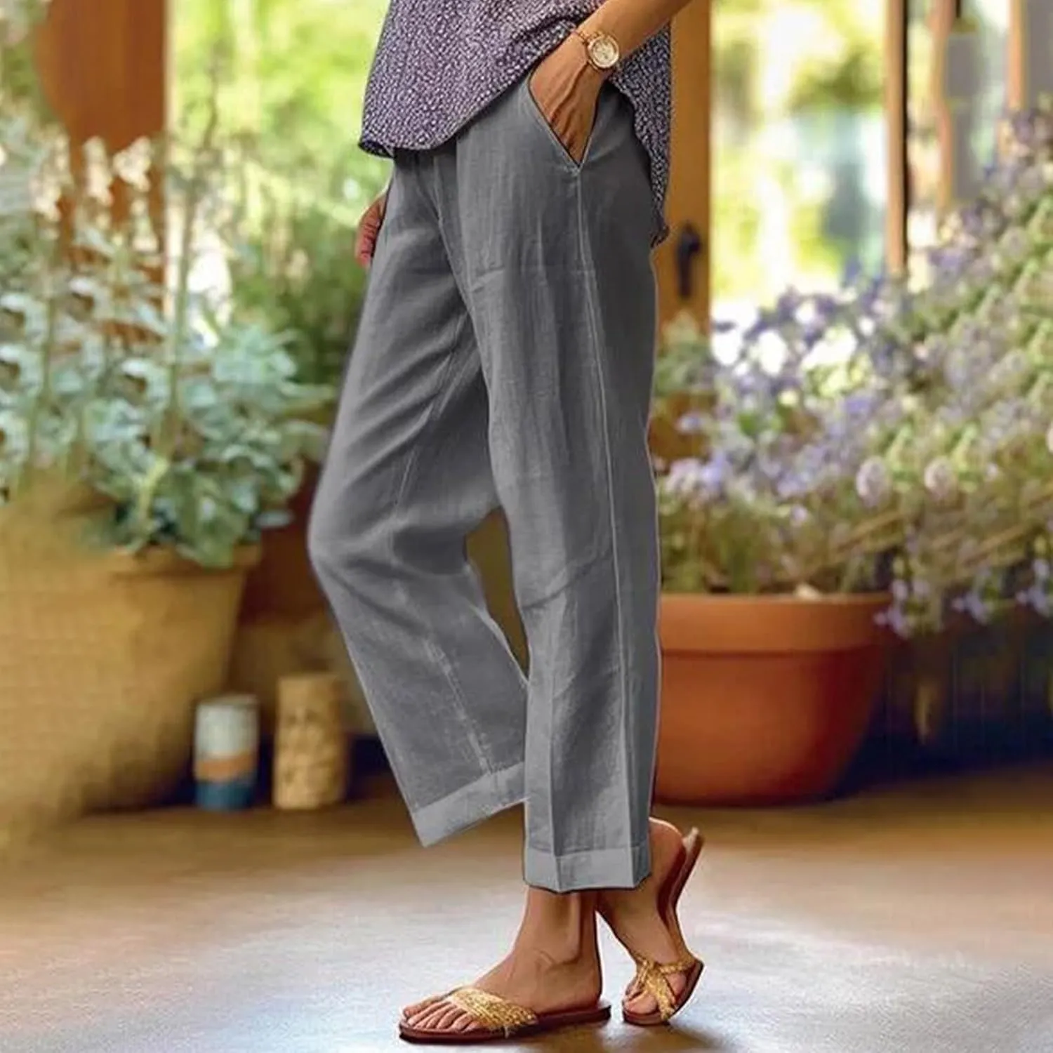 Cropped Linen Pants Women Casual High Waisted Plus Size Wide Leg Pants Loose Summer Beach Pant with Pockets
