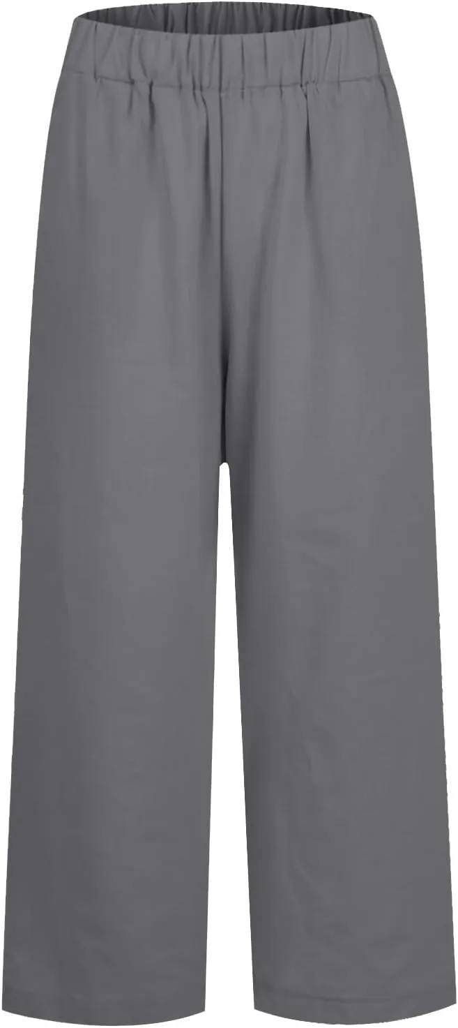 Cropped Linen Pants Women Casual High Waisted Plus Size Wide Leg Pants Loose Summer Beach Pant with Pockets