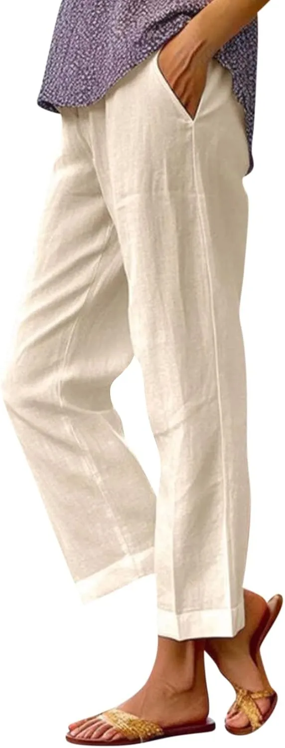 Cropped Linen Pants Women Casual High Waisted Plus Size Wide Leg Pants Loose Summer Beach Pant with Pockets