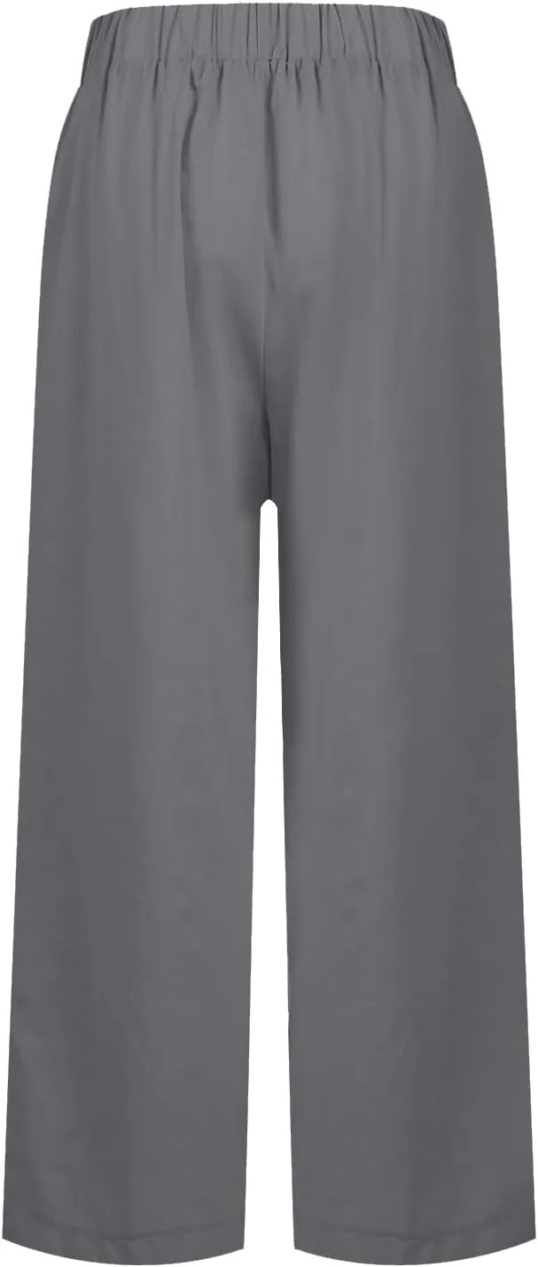 Cropped Linen Pants Women Casual High Waisted Plus Size Wide Leg Pants Loose Summer Beach Pant with Pockets