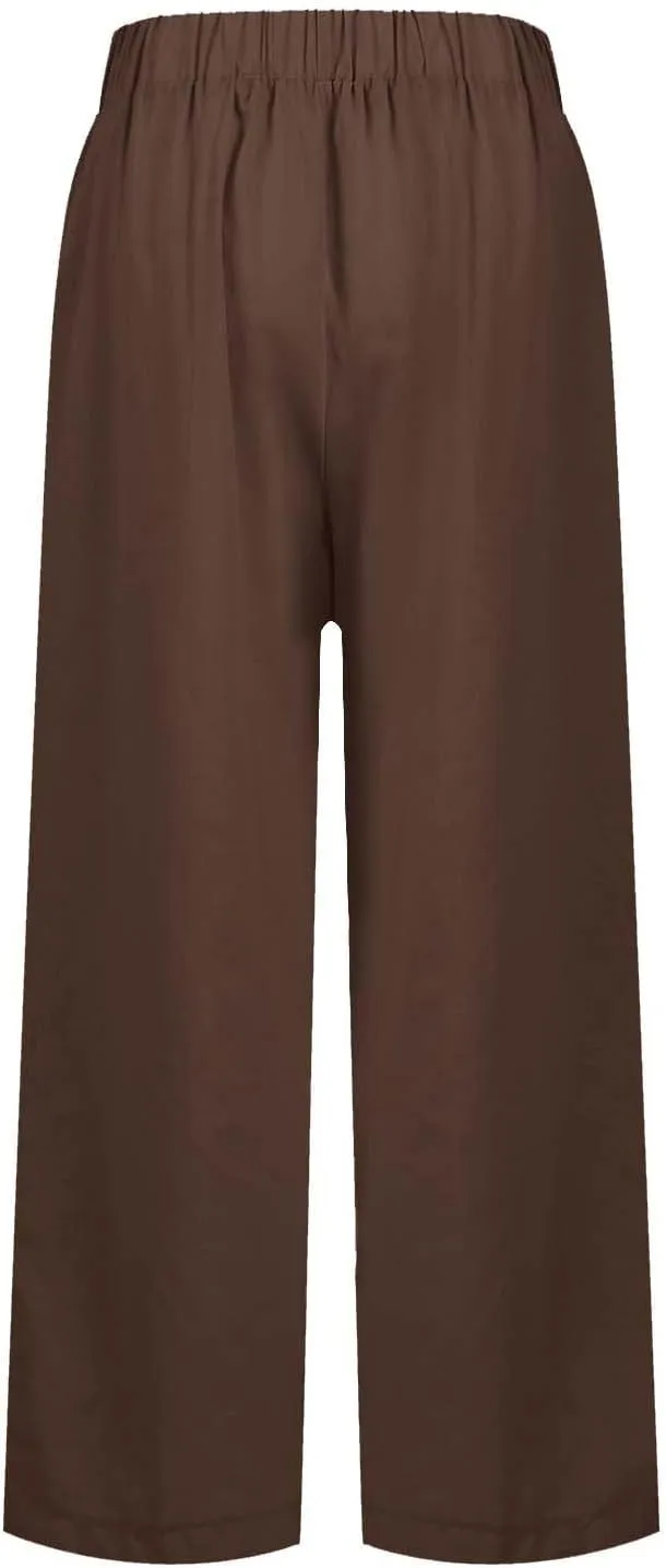 Cropped Linen Pants Women Casual High Waisted Plus Size Wide Leg Pants Loose Summer Beach Pant with Pockets