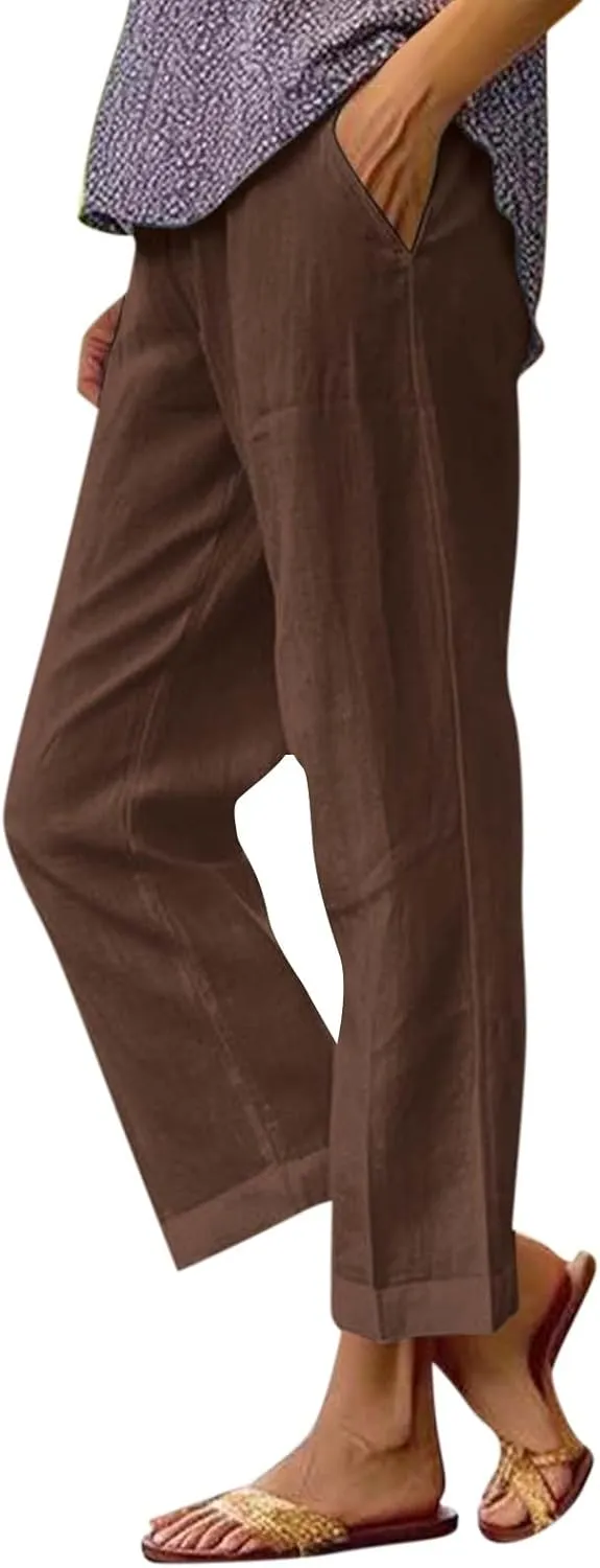 Cropped Linen Pants Women Casual High Waisted Plus Size Wide Leg Pants Loose Summer Beach Pant with Pockets
