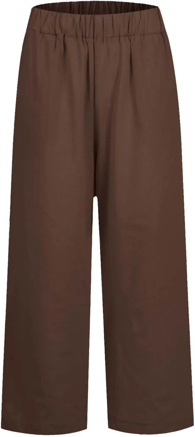 Cropped Linen Pants Women Casual High Waisted Plus Size Wide Leg Pants Loose Summer Beach Pant with Pockets