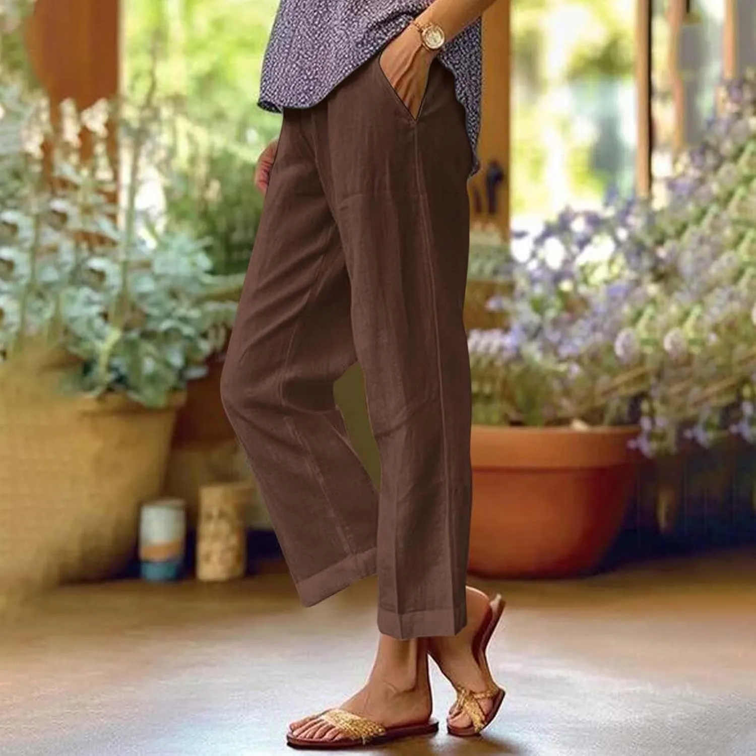 Cropped Linen Pants Women Casual High Waisted Plus Size Wide Leg Pants Loose Summer Beach Pant with Pockets