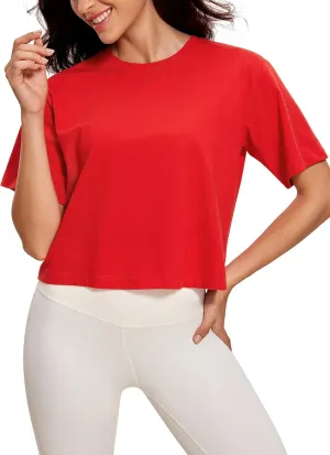 CRZ YOGA Womens Loose Fit Cotton Polyester Short Sleeve Shirts Crop Tops Casual Workout T-Shirts