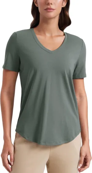 CRZ YOGA Womens Pima Cotton V Neck T-Shirt Short Sleeve Casual Workout Shirts Soft Summer Basic Tee Tops