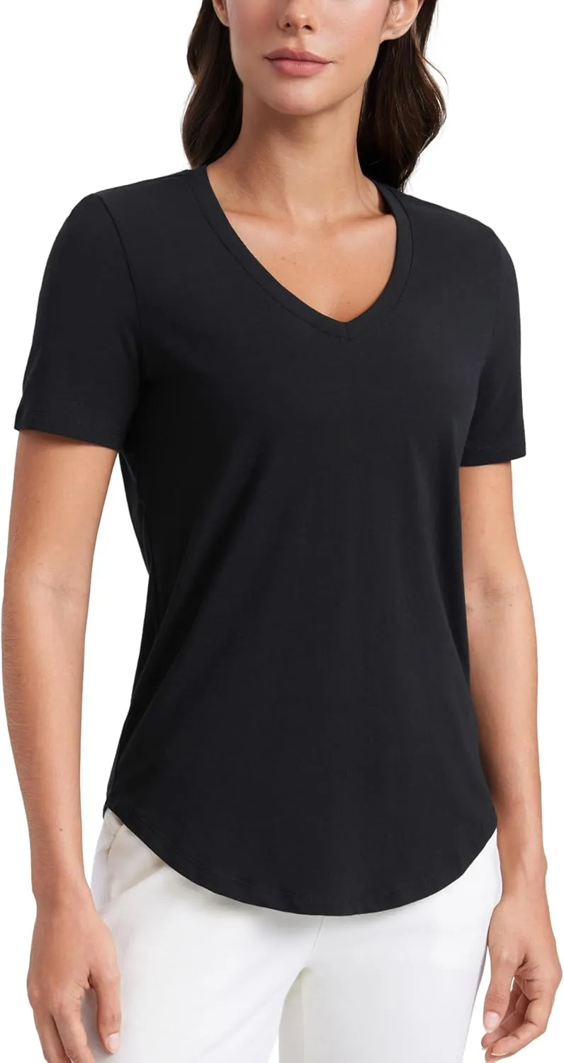 CRZ YOGA Womens Pima Cotton V Neck T-Shirt Short Sleeve Casual Workout Shirts Soft Summer Basic Tee Tops