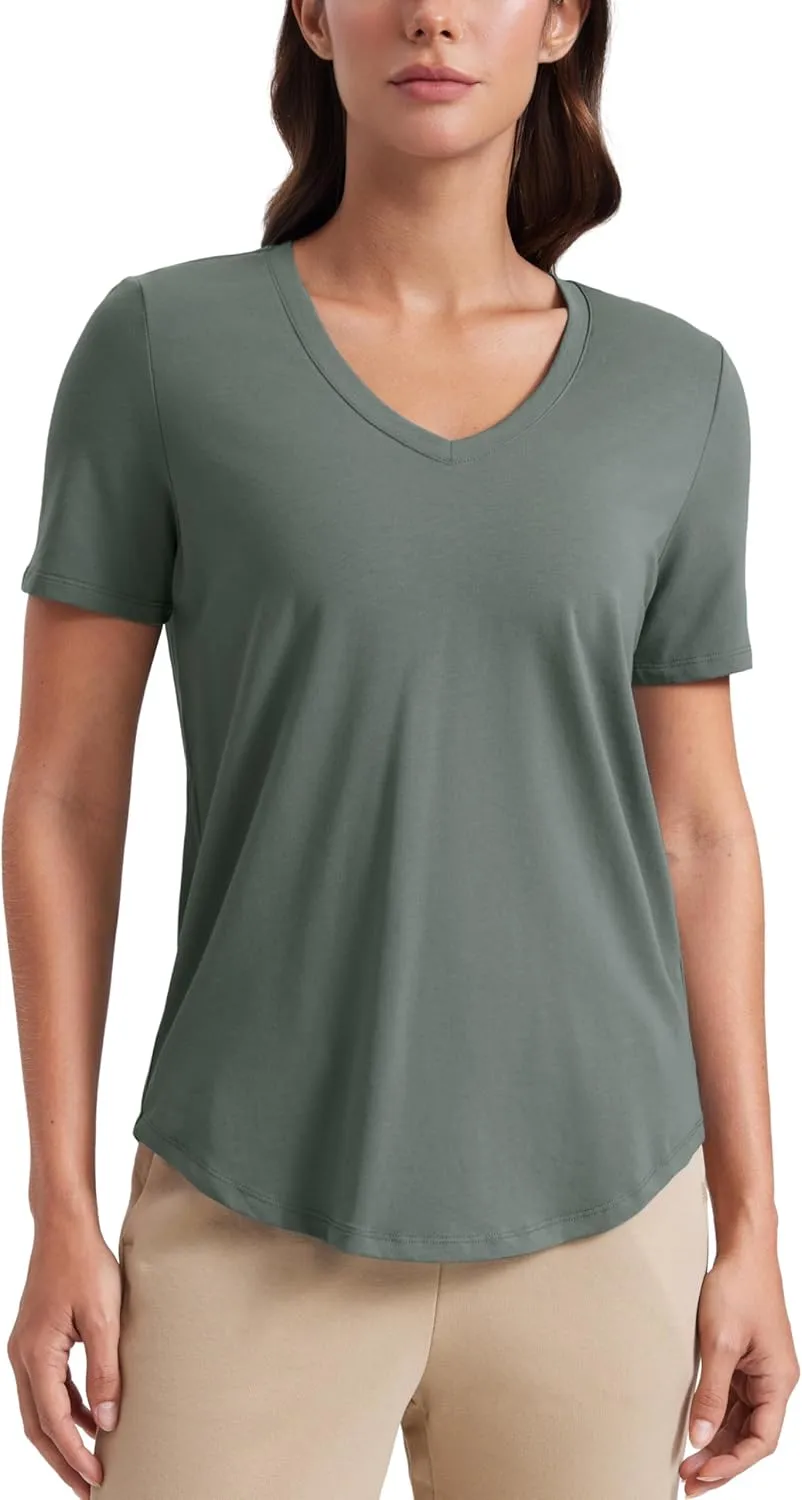 CRZ YOGA Womens Pima Cotton V Neck T-Shirt Short Sleeve Casual Workout Shirts Soft Summer Basic Tee Tops