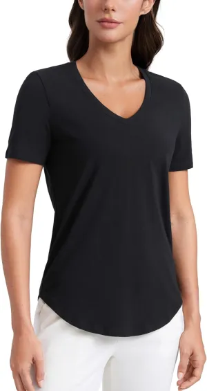 CRZ YOGA Womens Pima Cotton V Neck T-Shirt Short Sleeve Casual Workout Shirts Soft Summer Basic Tee Tops