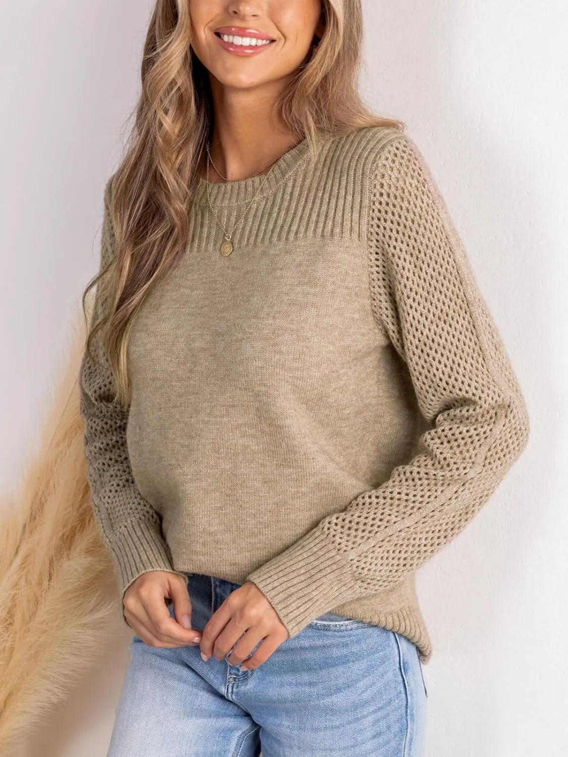 CUPSHE Women's Long Sleeve Sweaters Crew Neck 2024 Fall Knit Pullover Sweater