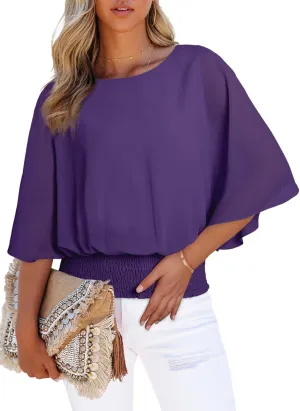 Dokotoo Women Blouses Dressy Casual 3/4 Length Sleeve Womens Tops Boat Neck Batwing Dolman Top