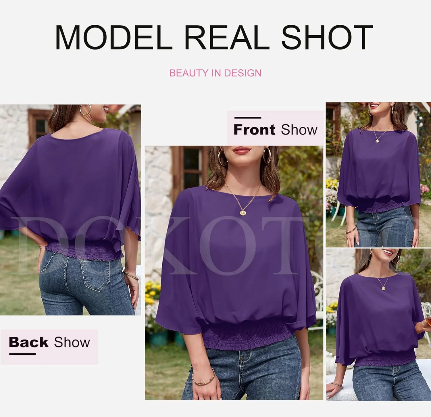 Dokotoo Women Blouses Dressy Casual 3/4 Length Sleeve Womens Tops Boat Neck Batwing Dolman Top