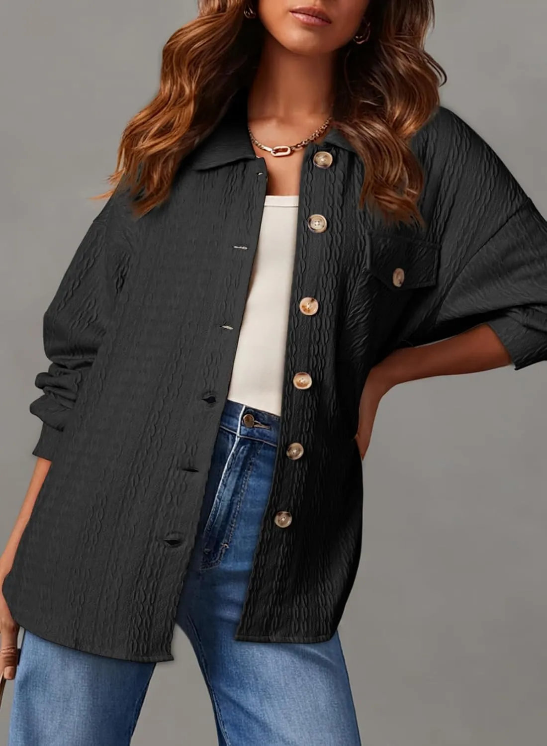 Dokotoo Womens Cable Knit Lightweight Shacket Button Down Shirts Long Sleeve Casual Oversized Blouses Tops