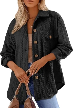 Dokotoo Womens Cable Knit Lightweight Shacket Button Down Shirts Long Sleeve Casual Oversized Blouses Tops