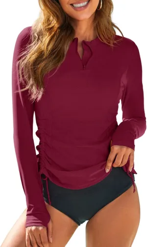 Dokotoo Womens Long Sleeve Rash Guard Swim Shirts 1/4 Zip Up Sun Protection Swimsuit Top Bathing Suit No Bottom