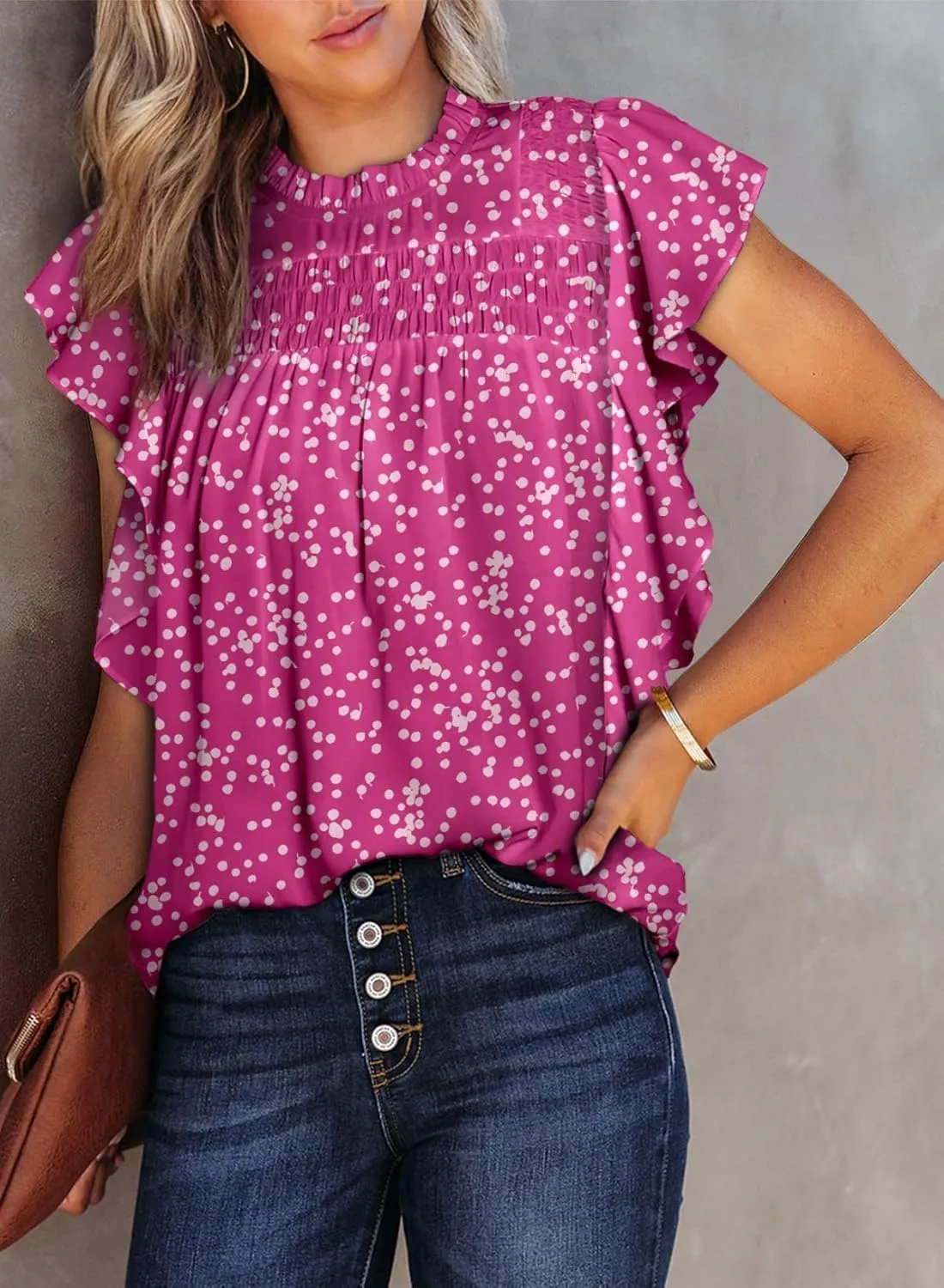 Dokotoo Womens Summer Tops Casual Crewneck Floral Print Shirts Smocked Ruffle Short Sleeve Babydoll Blouses