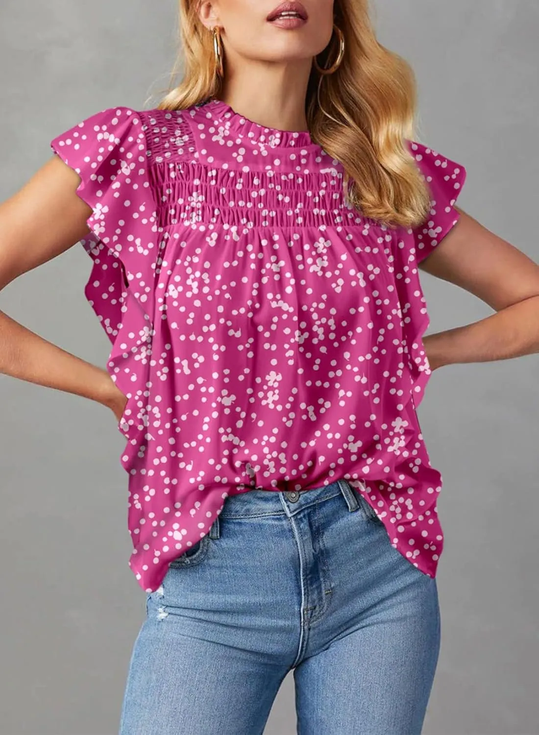 Dokotoo Womens Summer Tops Casual Crewneck Floral Print Shirts Smocked Ruffle Short Sleeve Babydoll Blouses