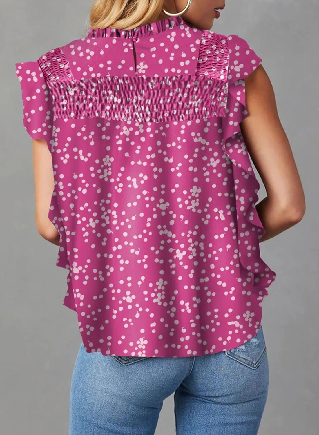 Dokotoo Womens Summer Tops Casual Crewneck Floral Print Shirts Smocked Ruffle Short Sleeve Babydoll Blouses
