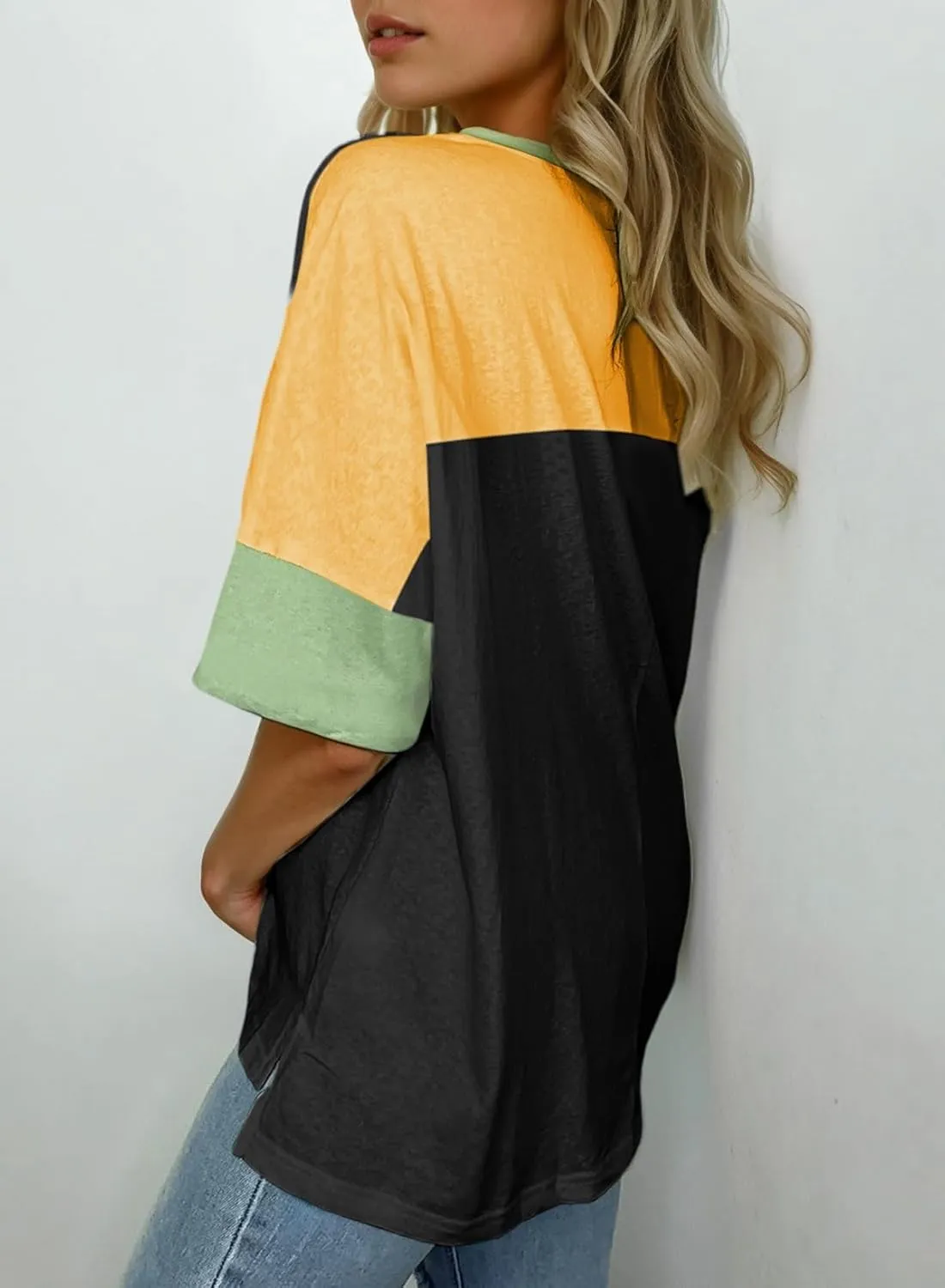Dokotoo Womens Tops Oversized Trendy Shirts 2025 Summer Color Block Crewneck Business Casual Womens Blouses S-2XL