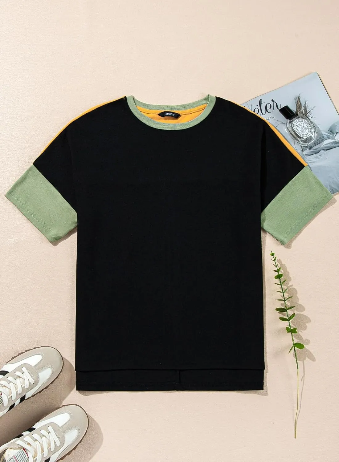 Dokotoo Womens Tops Oversized Trendy Shirts 2025 Summer Color Block Crewneck Business Casual Womens Blouses S-2XL
