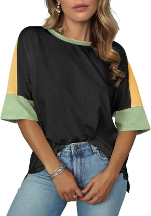 Dokotoo Womens Tops Oversized Trendy Shirts 2025 Summer Color Block Crewneck Business Casual Womens Blouses S-2XL