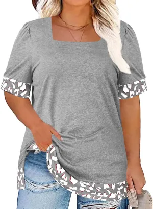 DOLNINE Plus Size Tops for Women Cute Summer Square Neck Casual Short Sleeve Tee Shirts Loose Fit Color Block Cow Print Tunic