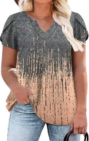 DOLNINE Womens Plus Size Tops Basic Casual T-Shirts Ring Hole V Neck Petal Short Sleeve Tee Tunics