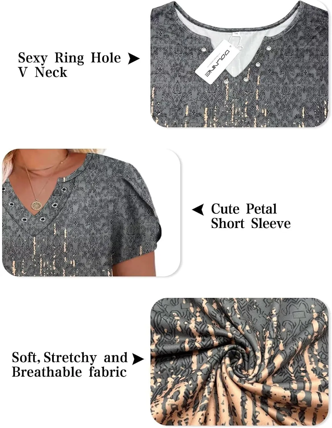 DOLNINE Womens Plus Size Tops Basic Casual T-Shirts Ring Hole V Neck Petal Short Sleeve Tee Tunics