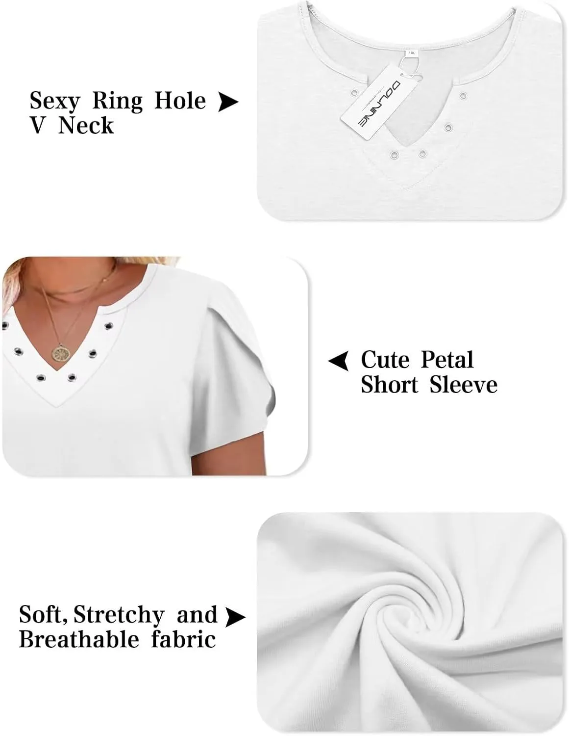 DOLNINE Womens Plus Size Tops Basic Casual T-Shirts Ring Hole V Neck Petal Short Sleeve Tee Tunics