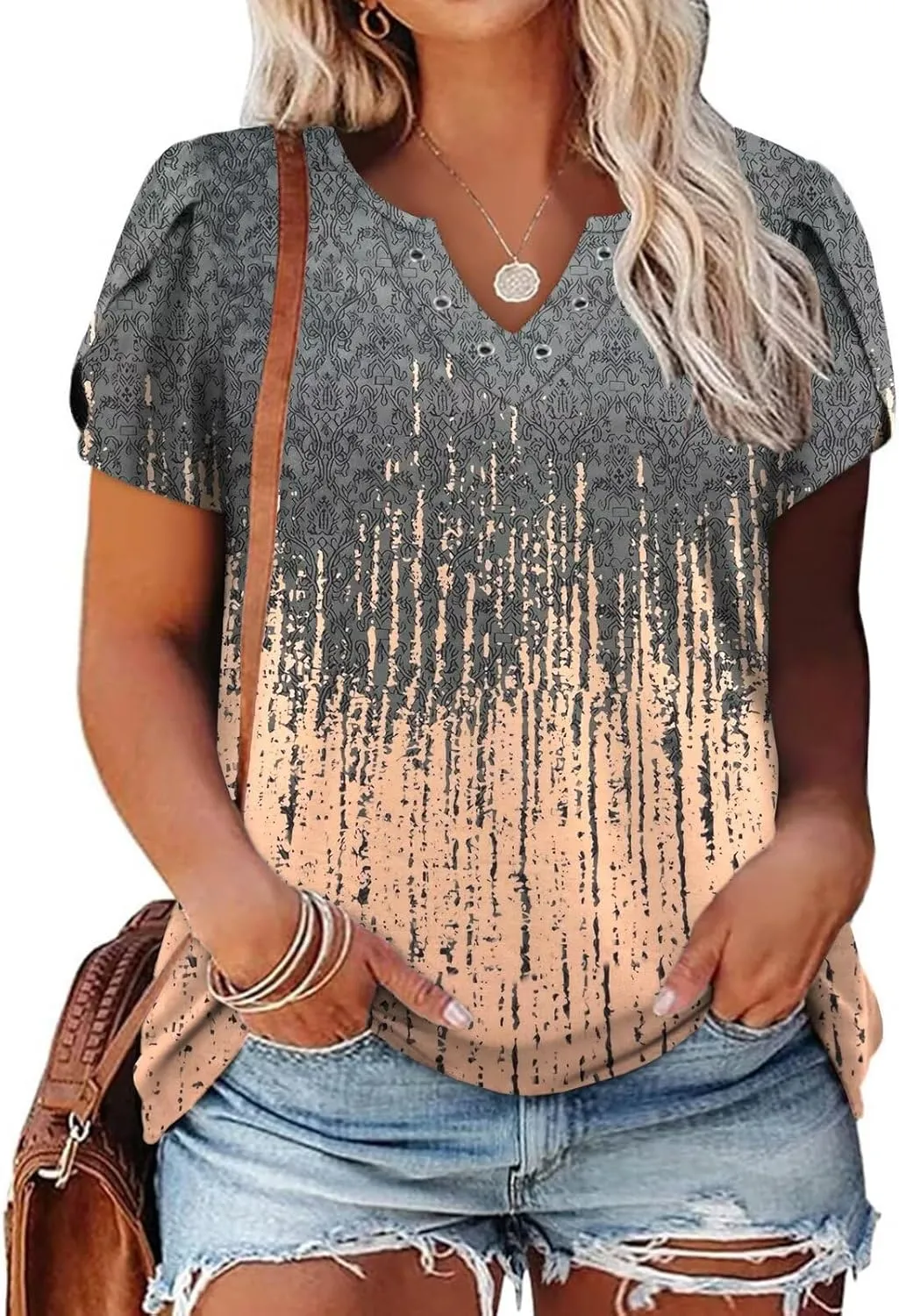 DOLNINE Womens Plus Size Tops Basic Casual T-Shirts Ring Hole V Neck Petal Short Sleeve Tee Tunics