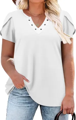 DOLNINE Womens Plus Size Tops Basic Casual T-Shirts Ring Hole V Neck Petal Short Sleeve Tee Tunics