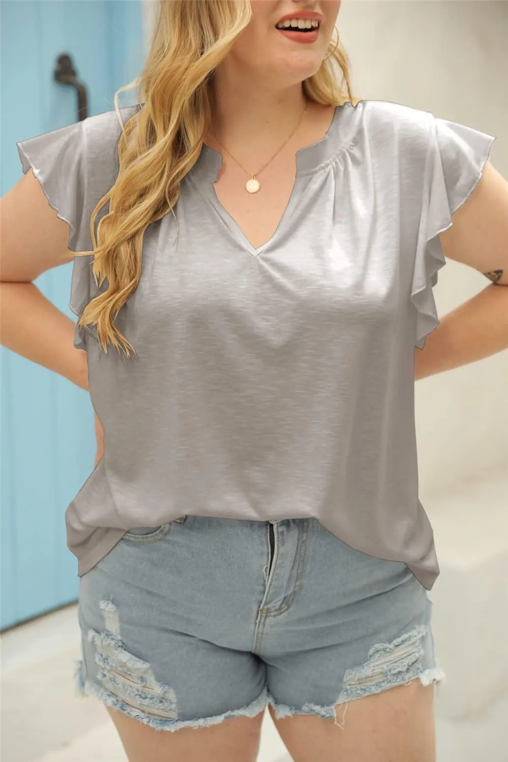 Ebifin Womens Plus Size Tank Tops V Neck Ruffle Sleeve Summer Casual Loose Blouses Tee Shirts