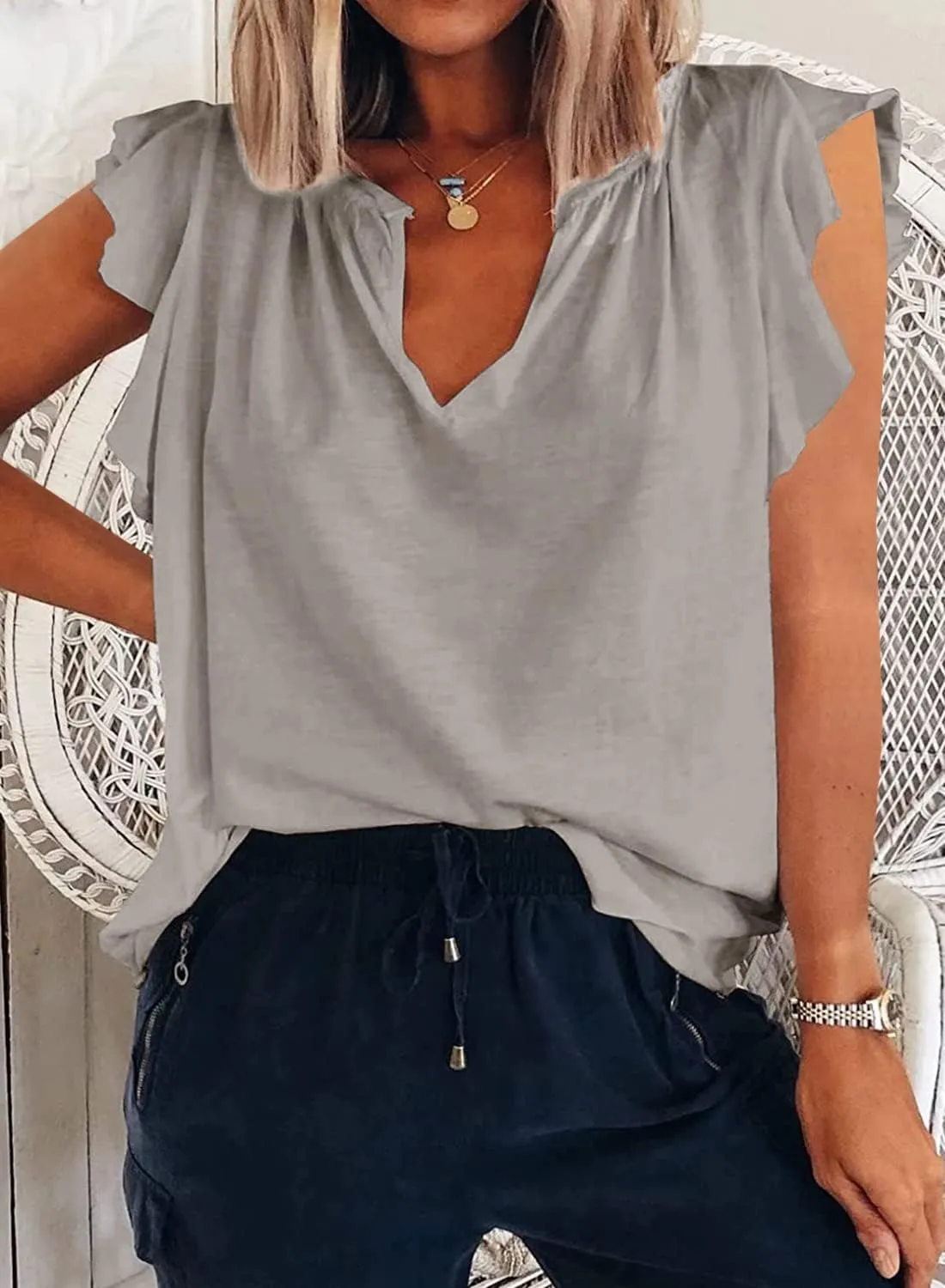 Ebifin Womens Plus Size Tank Tops V Neck Ruffle Sleeve Summer Casual Loose Blouses Tee Shirts