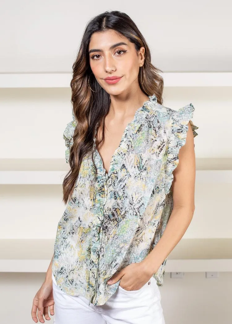 Elan Cluffs Blue Watercolor Print Top