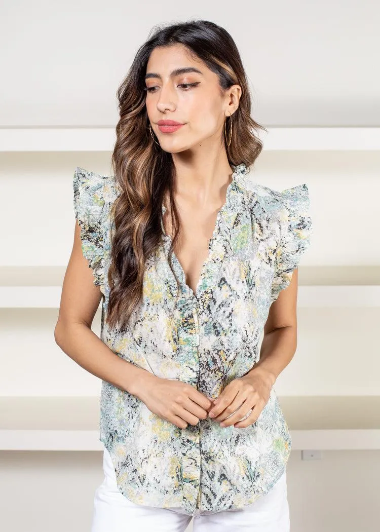 Elan Cluffs Blue Watercolor Print Top