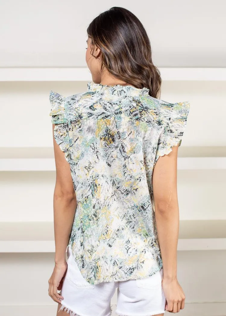 Elan Cluffs Blue Watercolor Print Top