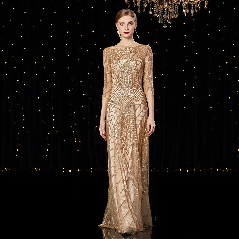 Elegant Abstract Embroidery Long Evening Dress