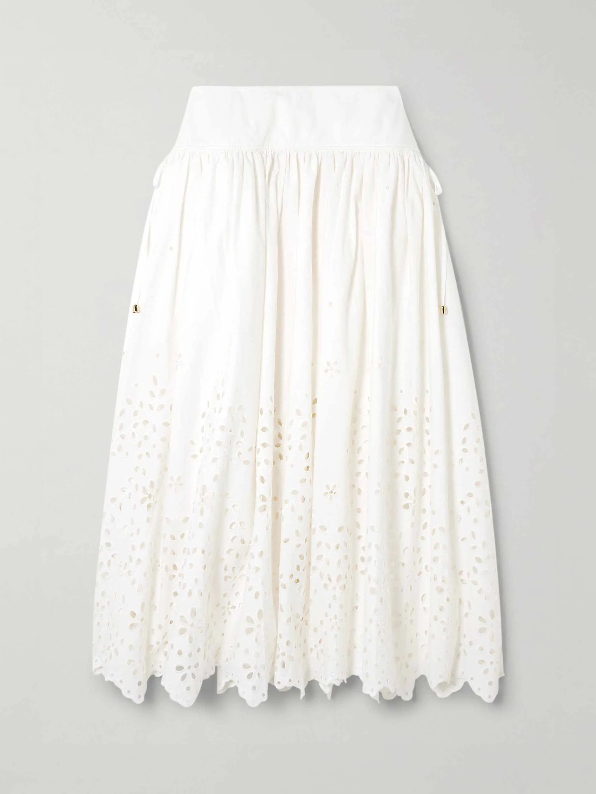 Embellished tie-detailed broderie anglaise cotton midi skirt
