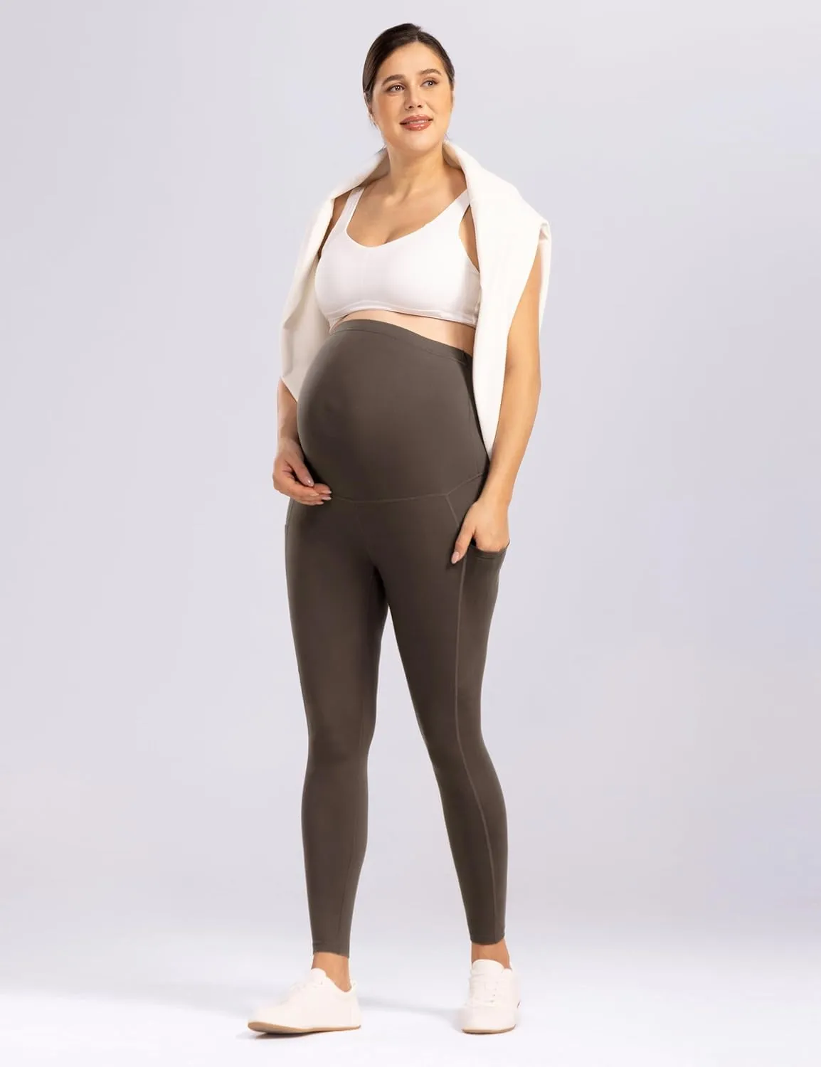 Enerful Women's Maternity Leggings Over The Belly with Pockets Pregnancy Pants Active Wear Workout Yoga Tights